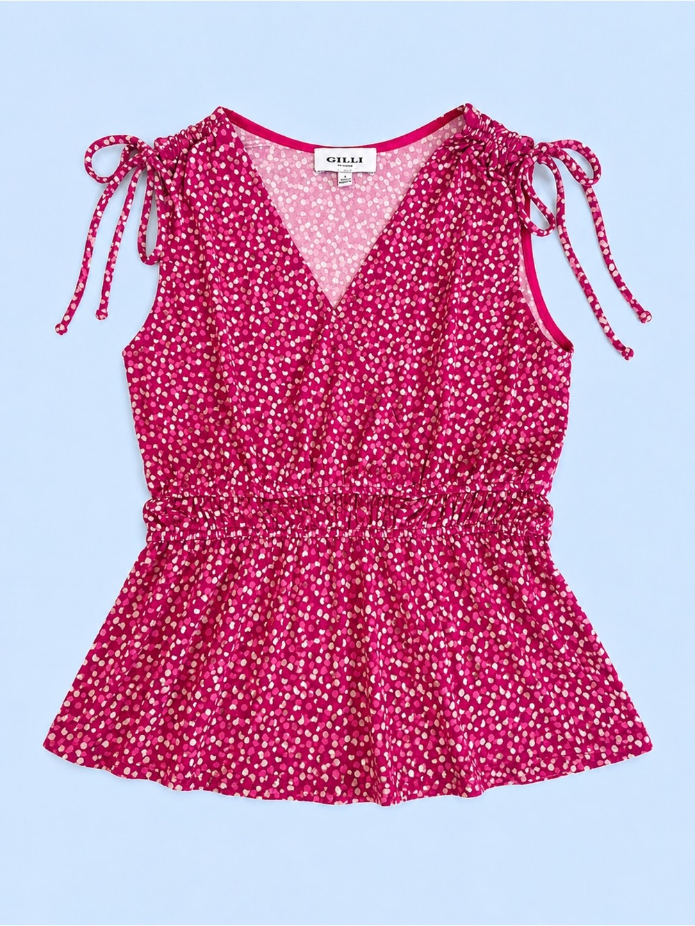 GILLI Sleeveless Peplum Blouse Tie Shoulder Surplice Top Size Small
